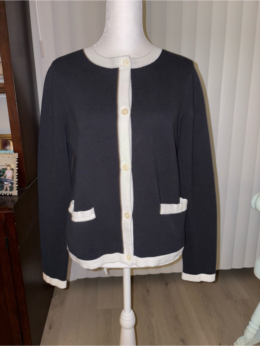 Lands' End Navy and White Button Front Cardigan